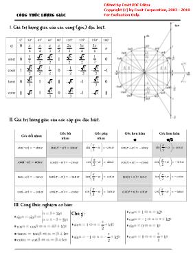 Bảng công thức lượng giác